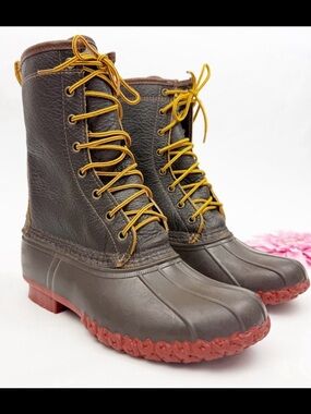 LL Bean 10" Bison Leather Shearling Lined Lace Up Duck Boots Brown W/Brick Sole